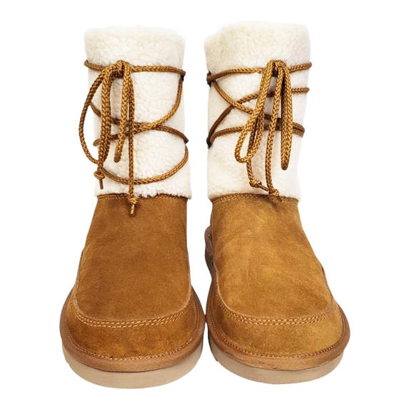 New Koolaburra Ugg michon short boots chesnut suede faux fur pull on lace winter - Picture 10 of 16